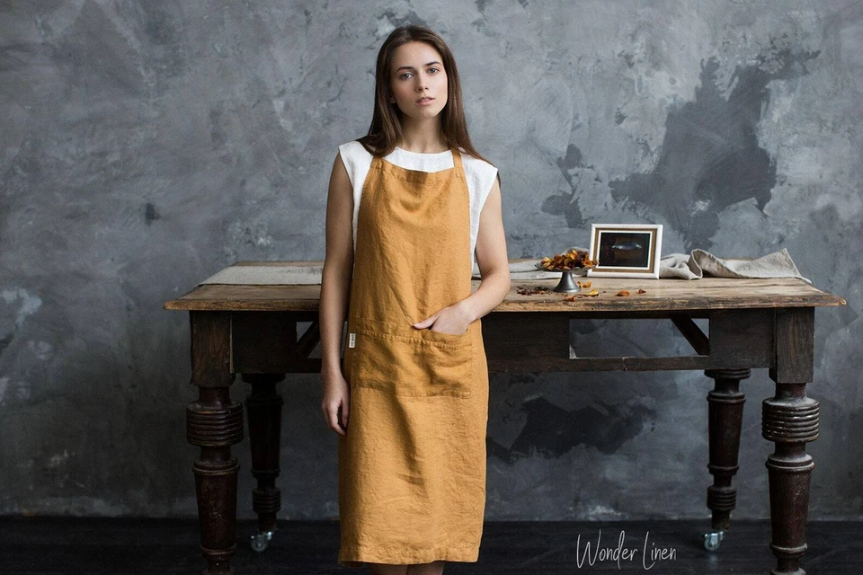 Wonder Linen apron for Women. Mustard linen kitchen apron with pocket. - Image 2 of 4