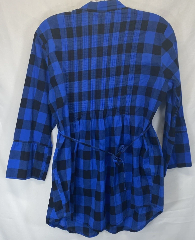 Top Popover Miley Cyrus Max Azria Azul Botón a Cuadros Mangas 3/4 Talla XL RN80734 Foto 4 de 4