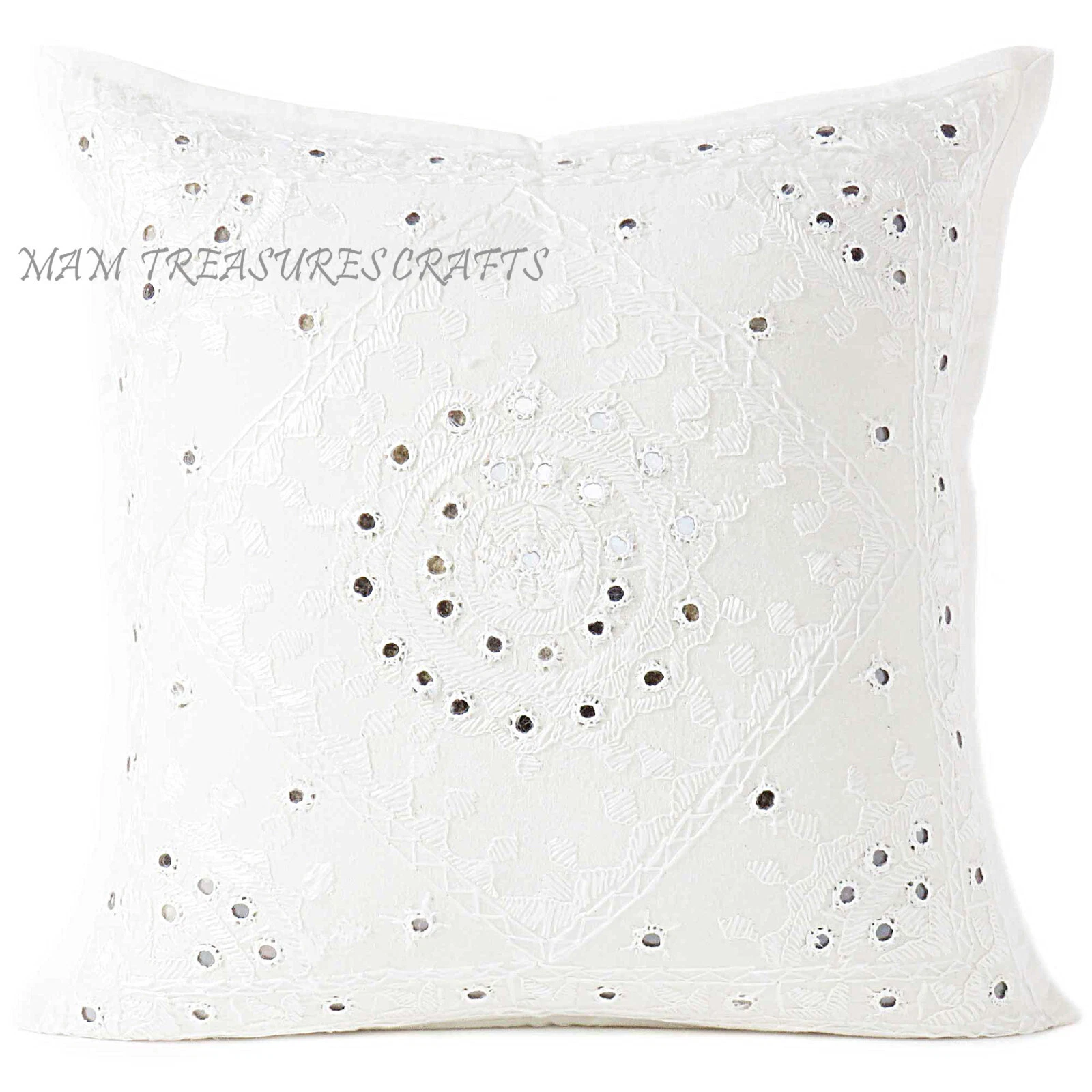 White Boho Throw Pillow Cover with Mirrors Handmade Bohemian Accent Cushion