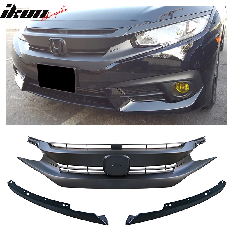 Fits 16-21 Honda Civic 10th OE Style Front Bumper Hood Grille Grill Matte Black