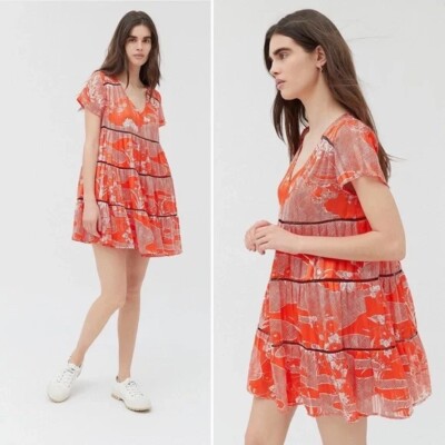 URBAN OUTFITTERS Pippa Chiffon Tiered Mini Dress Orange Sz