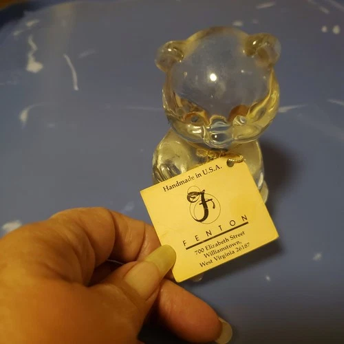 Fenton Art Glass March Birthday Birthstone Aquamarine Blue Heart Bear Figurine