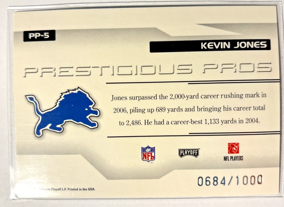 2007 DONRUSS PLAYOFF PRESTIGE PRESTIGIOUS PROS KEVIN JONES #PP-5 LIONS /1000 - Image 2 of 2