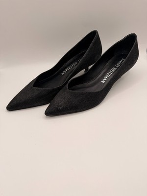 Stuart Weitzman Women Eva 50 Kitten Pump Black Shimmer Pointy Toe Heel Sz 10.5 B