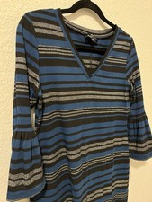 Ronni Nicole Dress Size M Knit Blue Black Gray Striped Bell Sleeves V-Neck Midi