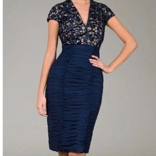 Tadashi Shoji Navy Blue Lace Sequin Ruched Bodycon Dress Size 6 Cocktail Formal