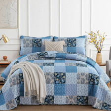 Blue Quilt Set King Size 3 Pieces Plaid Floral Boho Bedspread Coverlet Set Patch
