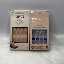 Kiss Acrylic Pink Nude + GoldFinger Trendy Long Press On Nails NEW GD13 SNF01