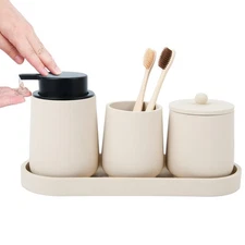 Beige Bathroom Accessories Set - 4 Pcs Bathroom Accessory Sets with Toothbrus...
