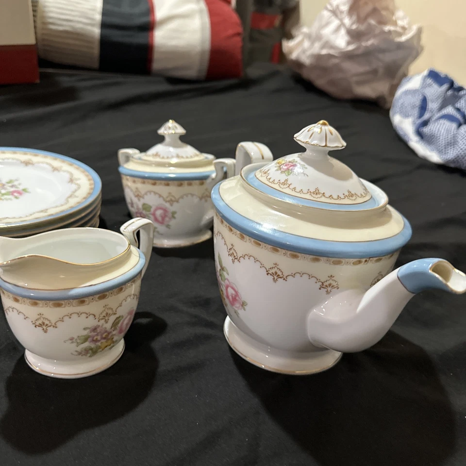 Bule Noritake pintado à mão Japão e tigela de açúcar e creme e 6 pratos do deserto - Imagem 2 de 4