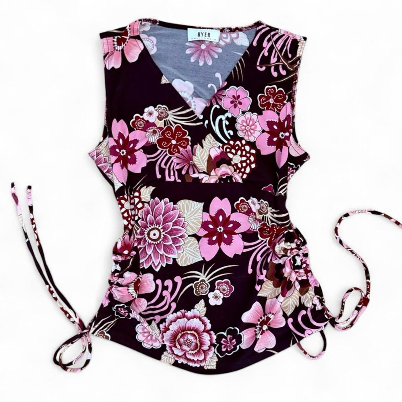 Vintage Y2K Romantic  Byer California Floral  V-Neck Tank Top Pink Tie Sides Sm