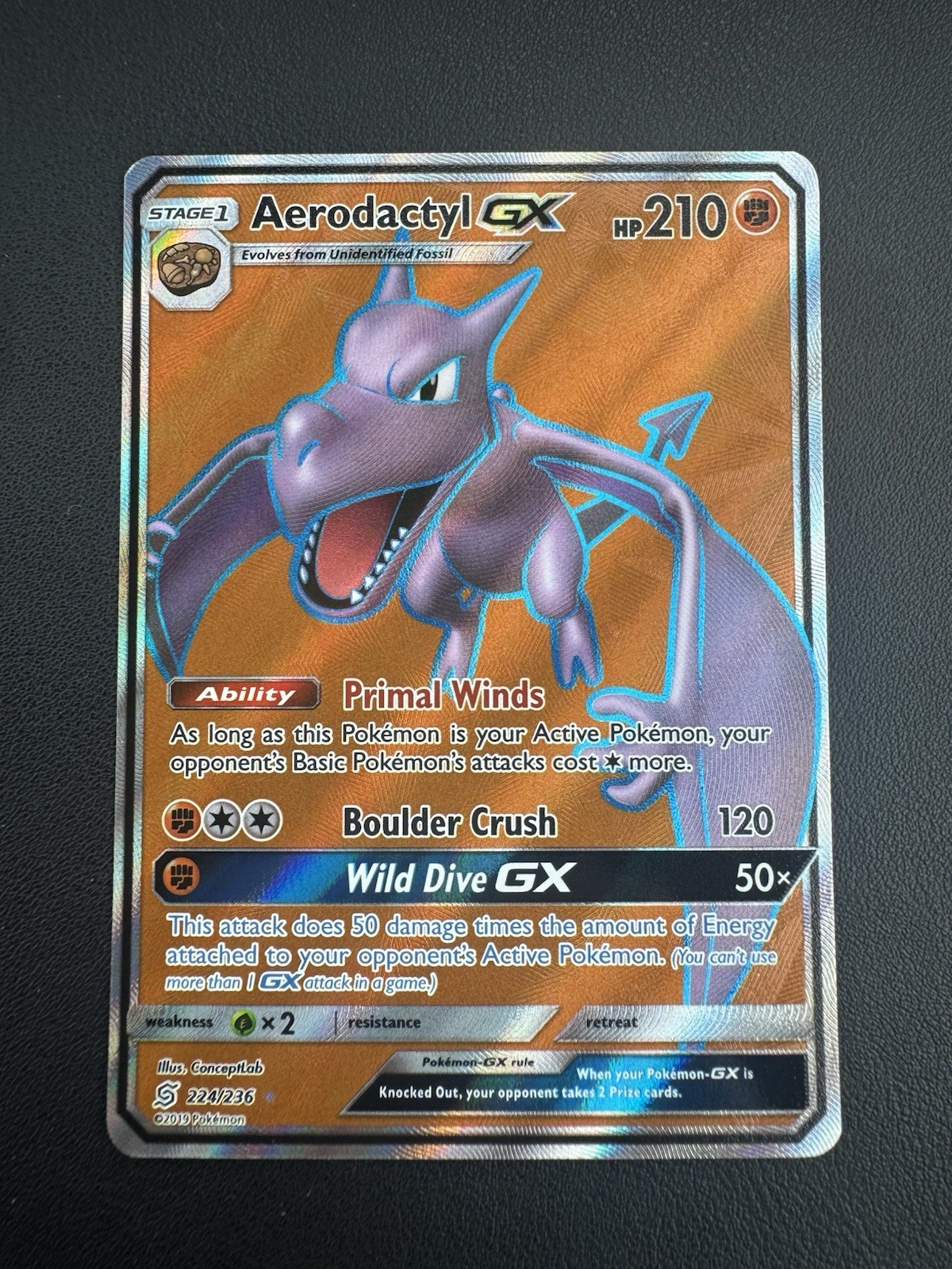 POKEMON TCG AERODACTYL GX 224/236 S&M UNIFIED MINDS FULL ART UR!!