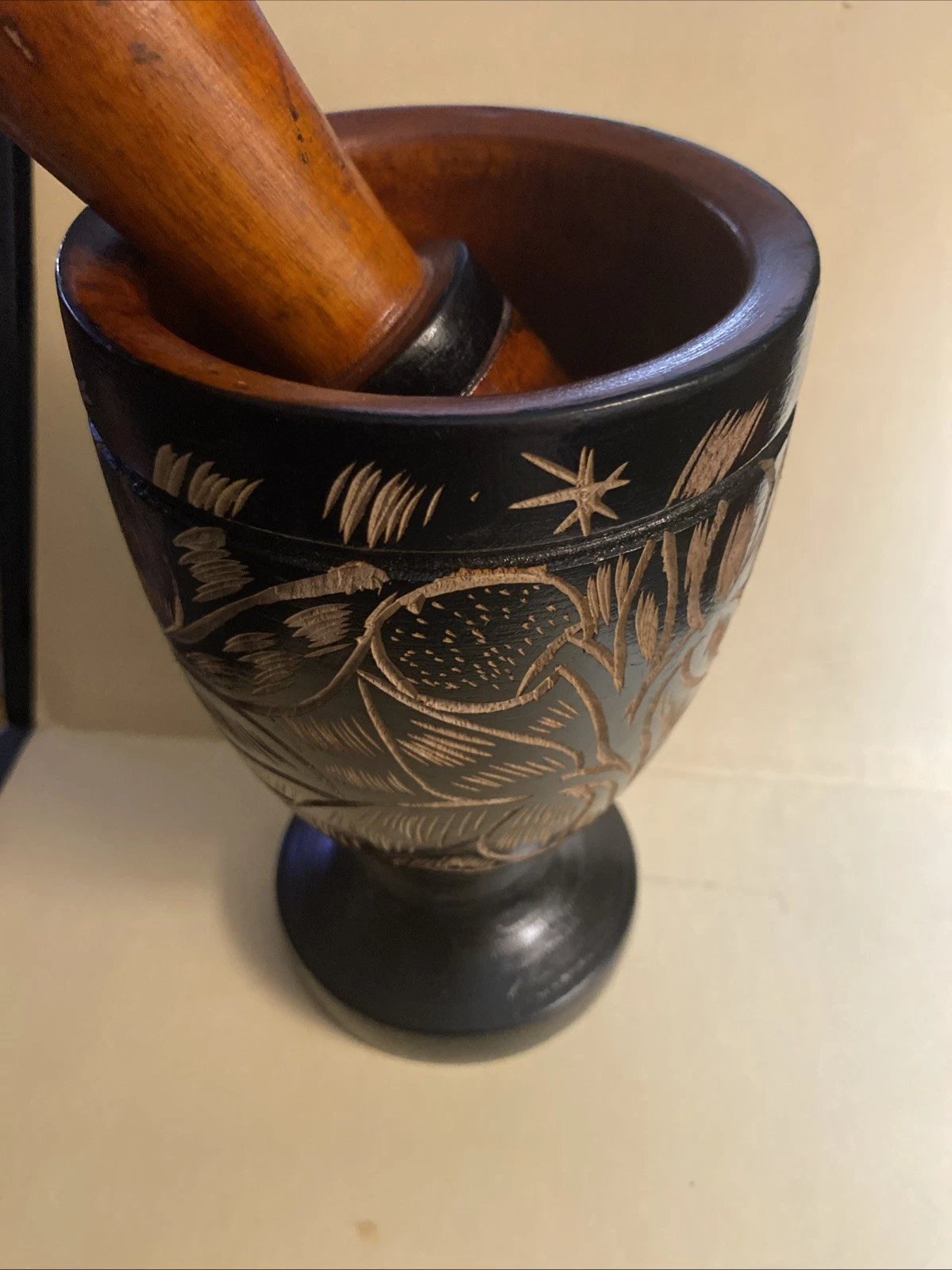 Vtg Carved Wood Black & Tan Mortar&Pestle Apothecary Grinder Spice/Herb/Meds,7”T
Opens in a new wind