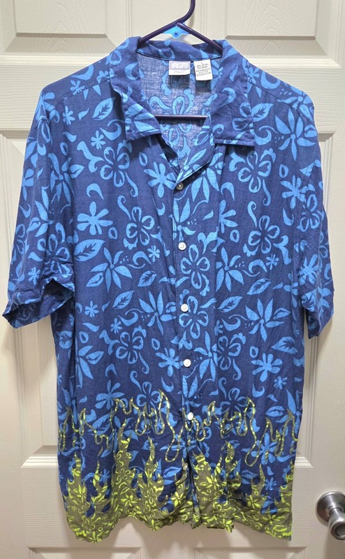 Utility Hawaiian Shirt Men's Large - Deep Blue Floral - Vintage Y2K - Excellent