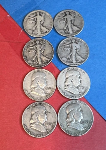 Lot of 8 Franklin Half and Liberty Half Dollars 90% Silver - Good Value