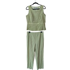 Vintage Y2K Dressbarn Light Green Eyelet Linen Blend Two Piece Set Size 12