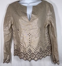 Tory Burch Eyelet 100% Linen Tunic Blouse Latte Cream Sz 6 *Flaw On Back $498