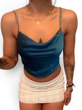 Women s Blue Satin Cowl Neck Spaghetti Strap ...