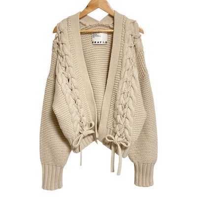 FRAY ID Lace-Up Cable Cardigan, One Size, Ivory Women USED
