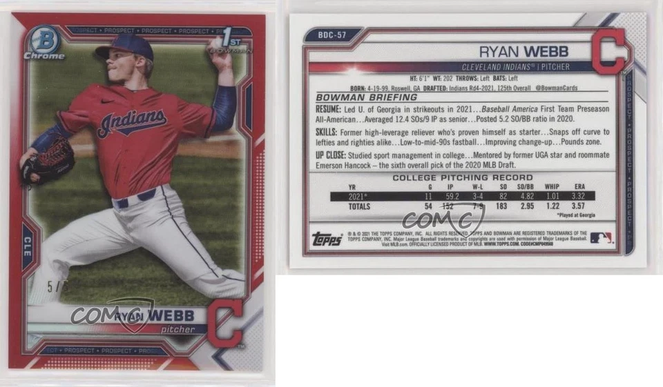 2021 Bowman Draft Chrome Red Refractor 5/5 Ryan Webb #BDC-57 4k8 - Image 3 of 3
