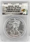 2021 $1 American Silver Eagle Type 1 ANACS MS70 FIRST DAY ISSUE 1 oz Fine Coin