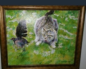 Original Acrylic Painting By Artist " Playful Cat On The Grass" | eBay