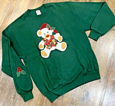 90s Ugly Christmas Sweater JERZEES Crewneck Sweatshirt Bear Green M USA VTG EUC