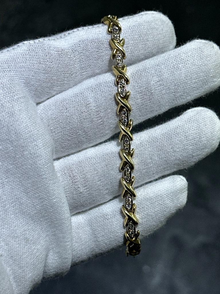 14k Yellow Gold Natural Diamonds Vintage Hugs Kiss XO Tennis Bracelet  7