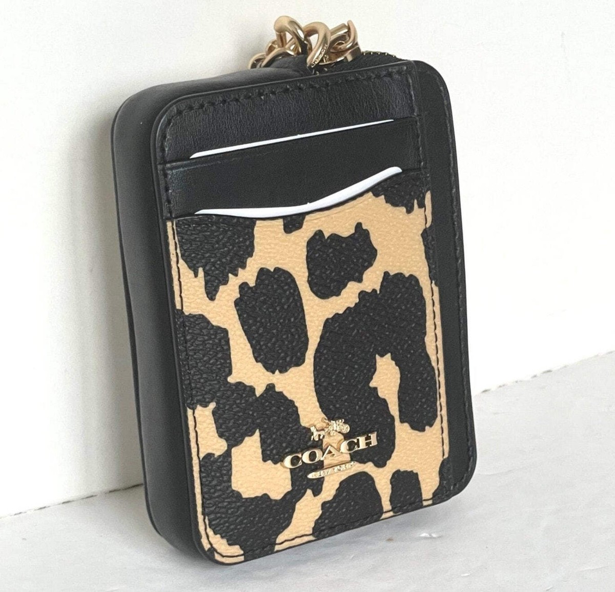 COACH 手袋 Coach Leopard Zip Card Case ID Wallet Brown Leather Canvas