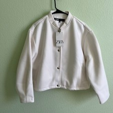 ZARA Cream Bomber Jacket XL Gold Snap Buttons Rib Trim Minimalist Light Layer