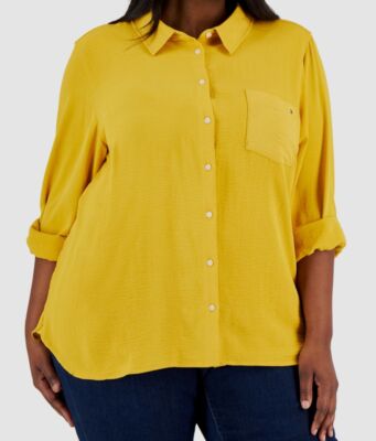 Tommy Hilfiger Women's Yellow RollTab Sleeve Button Down Emblem Top Plus Size 0X