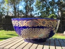 2 Moroccan Taous Blue Gold COBALT PEACOCK LARGE SERVING BOWLS 10" Set Of 2  RARE