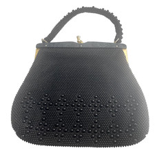 Vintage Black Beaded Evening Handbag Purse Made in Hong Kong 11 x 9 inches