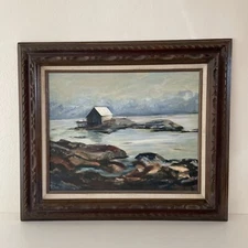 Vintage Mid Century Impressionist Painting 28x24" Boathouse Island Landscape