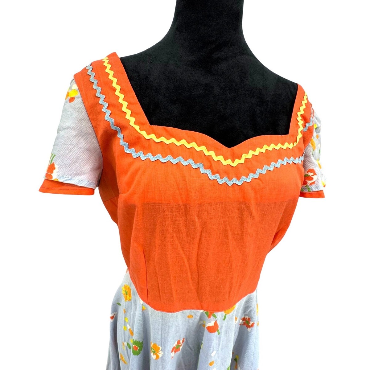 Vintage Handmade Peasant Dress Sweetheart Neckline Orange Floral Print Rick  Rack | eBay