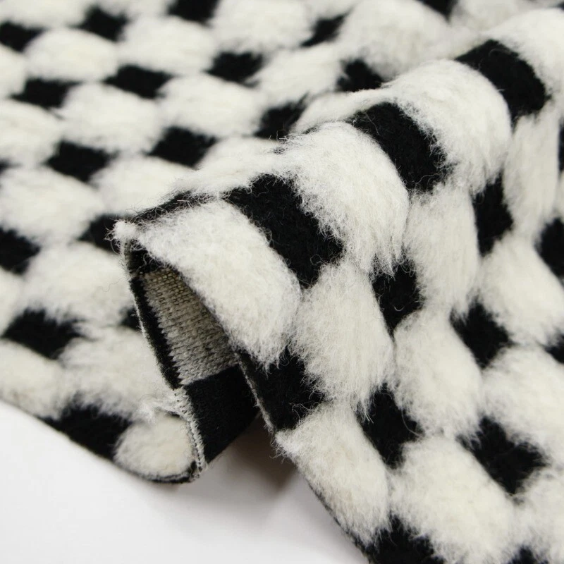 165cm Width Stretchy Wool Blend Knit Fabric DIY Black White Check Plaid for Coat - Image 2 of 4