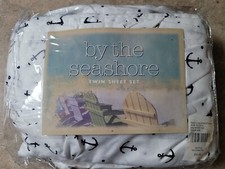 Navy Blue White Anchors Nautical Coastal 4 pc Sheet Set Twin