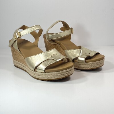 UGG Cloverdale Womens Wedge Sandals Gold Cork Buckle Strap