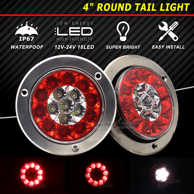 2x 4'' Round Trailer Truck RV Tail Lights Stop Brake Running Reverse Light 16LED