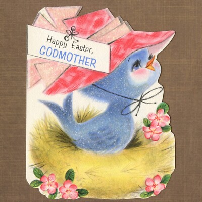 Unused Vintage Hallmark HAPPY EASTER GODMOTHER Die-Cut Card, Cartoon Bird Nest