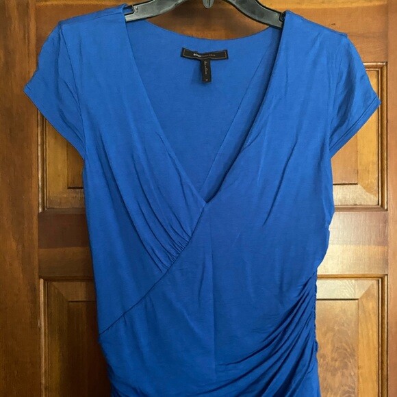 bcbg blue ruched dress BCBG Max Azria Blue Ruched Cocktail Mini Dress Size 0 Floral Strap Vintage  Retro
