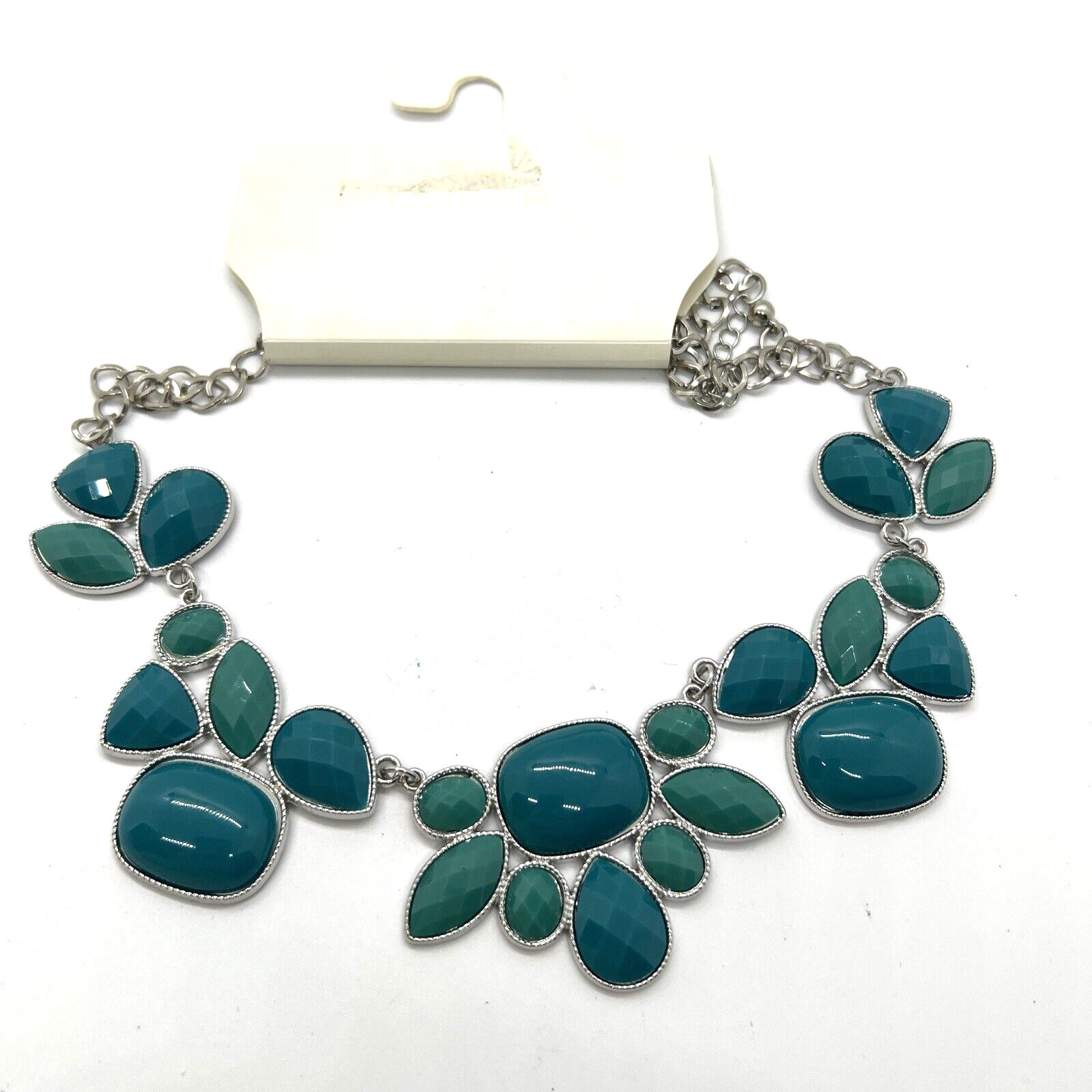 Teal Green Multi Cabochon Statement Necklace Silv… - image 1