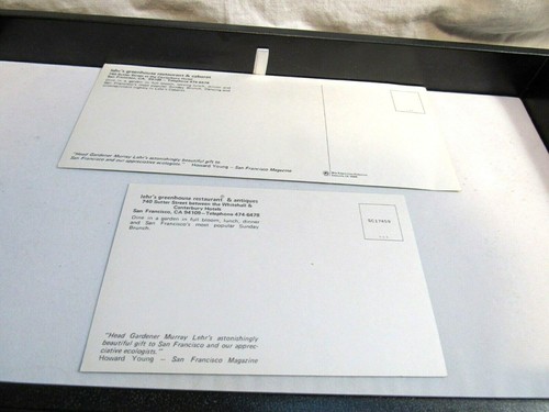 Lot 2 Advtg. Postcards Lehr's Greenhouse Restaurant Antiques San Fran. San Diego - Picture 5 of 7