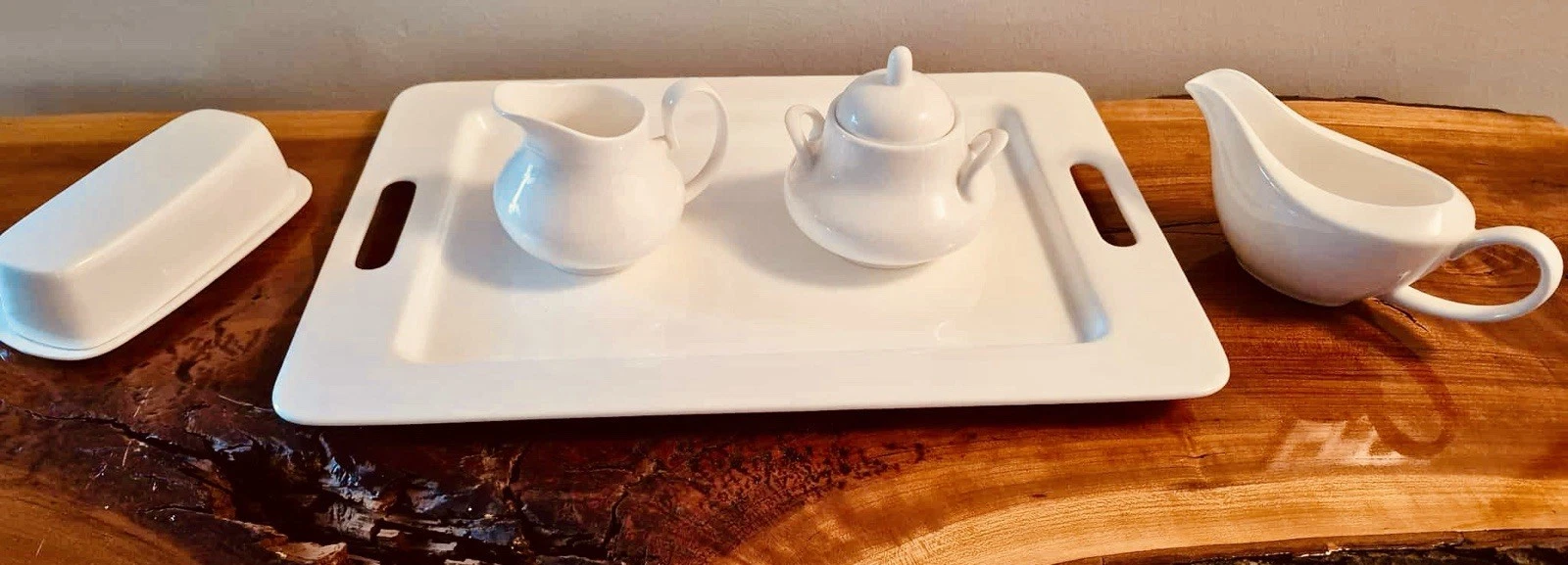 Neveah White Fitz And Floyd White Sugar, Gravy Boat , Creamer, Butter dish Tray