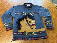 vtg heartworks girls 3D horse head yarn mane equestrian sweater made in USA M 8