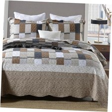 3PC Quilt Sets with Shams Navy and Brown Blocks Patchwork Queen Brown Plaid
