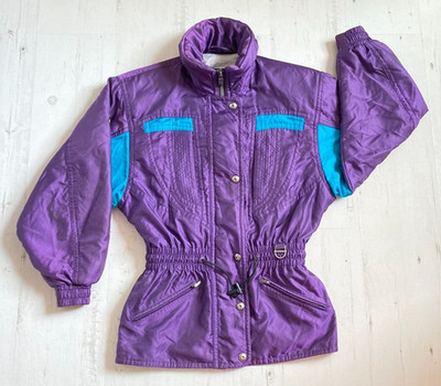 Vintage Descente Damen Ski Snowboard Reißverschluss Druckknopf Jacke Mantel Größe S/8 lila blau