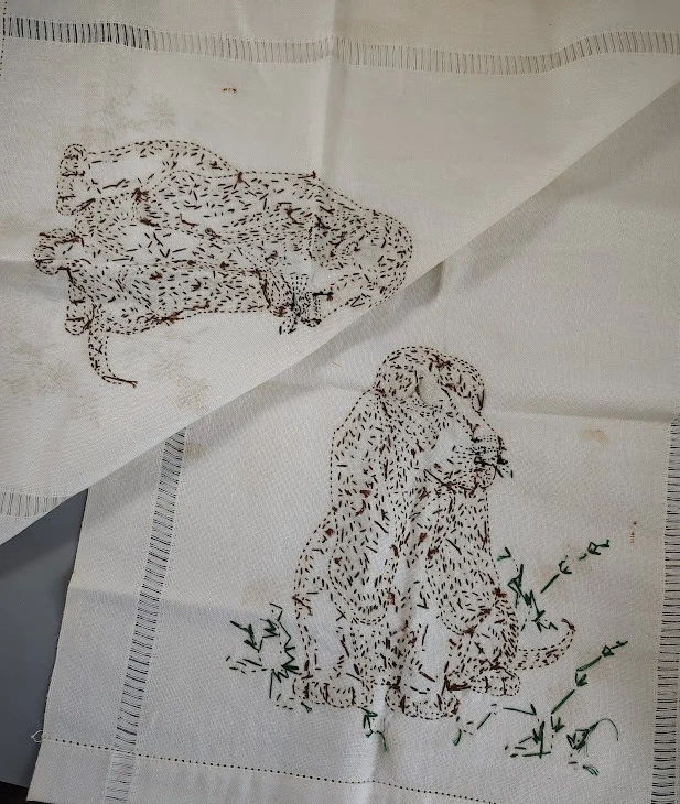 VTG Stamped Crewel Embroidery Table Runners Dogs 42" x 16" STARTED - Set of 2 - Image 4 of 4