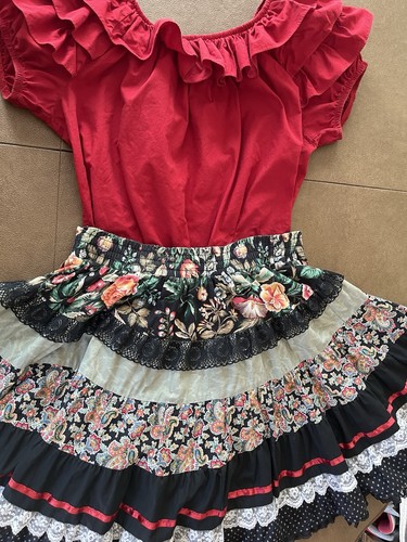 Multi Print Square Dance Skirt and Red Blouse Outfit. Size Large, FREE SHIPPING!