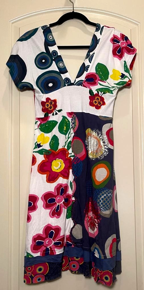 Desigual Womens White Multicolor Dress, Logo, shimmer, embroidery, M